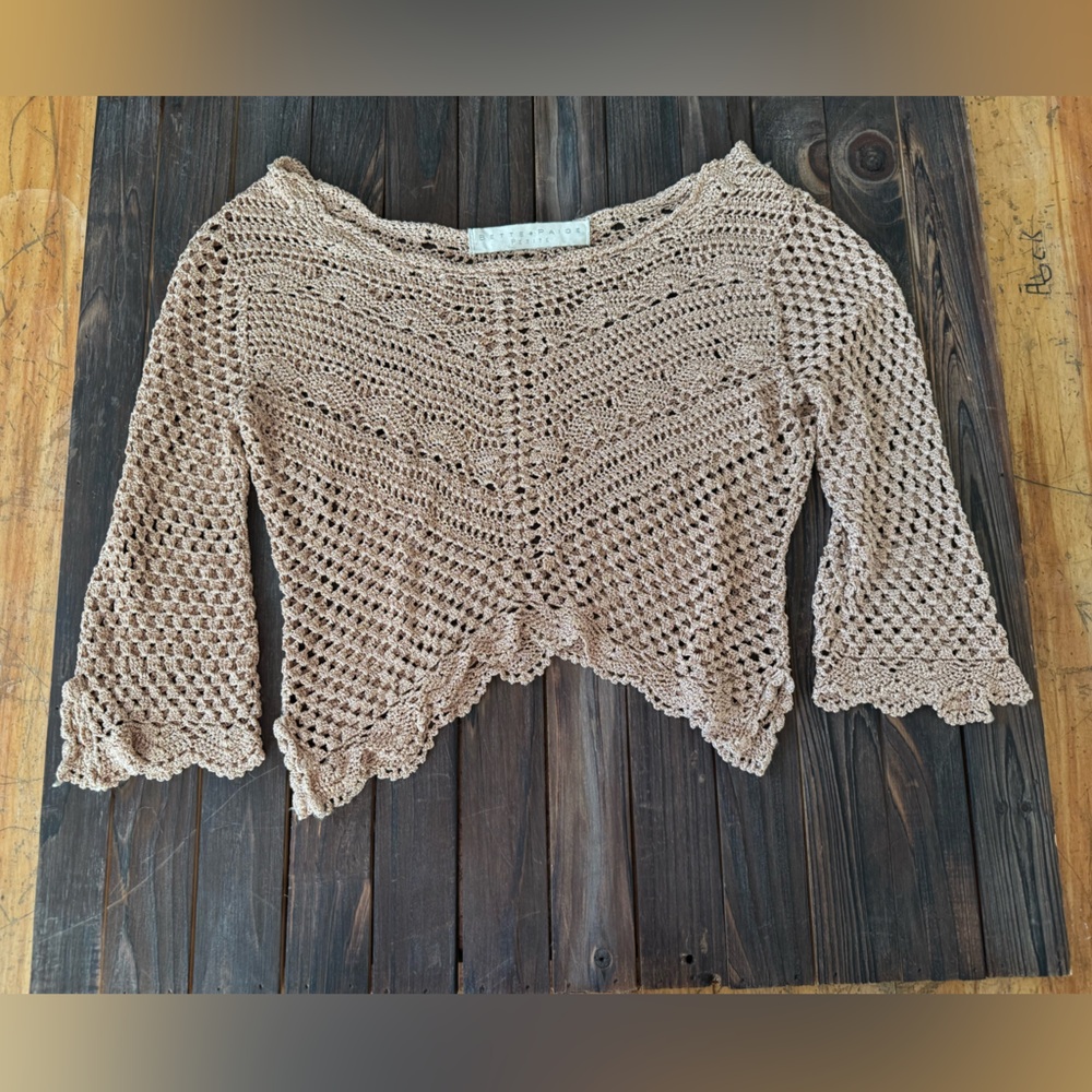 Vtg Betty Paige Crochet 3/4 Sleeve Sweater Boho Festival XS y2k Whimsygoth